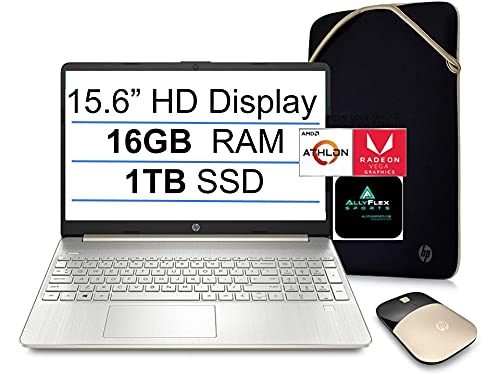 2022 Newest HP 15.6' HD Display Laptop, AMD Athlon Silver 3050U(up to 3.2GHz,Beat i3-8130U), 16GB RAM, 1TB SSD, 1-Year Office365, WiFi, Bluetooth, HDMI, Webcam, Win 10S, Pale Gold, JVQ Mouse+Sleeve